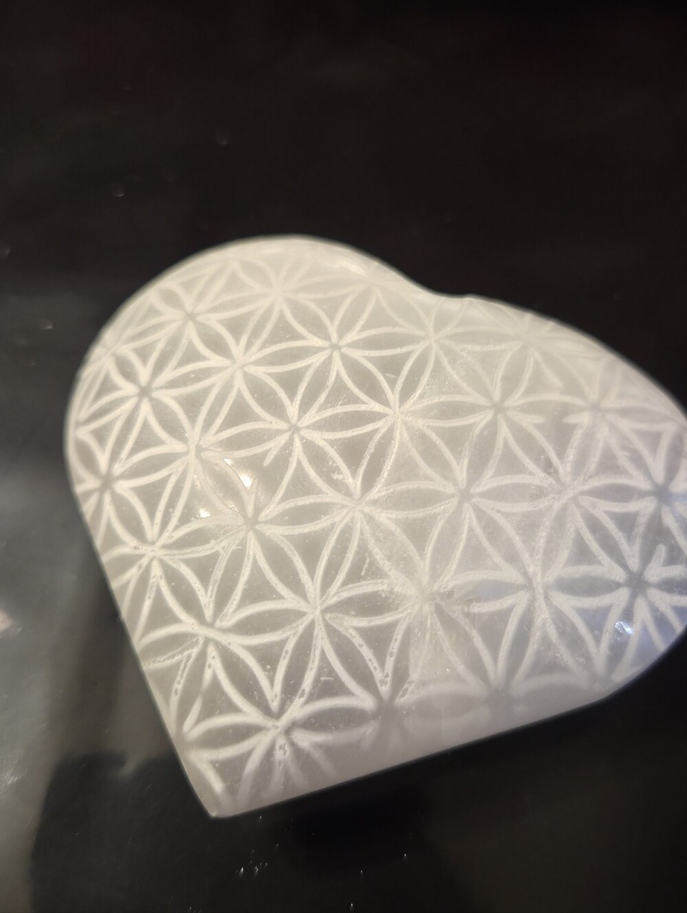 Carved Selenite Heart Crystal Palm Stone with Flower of Life Sacred Geometry